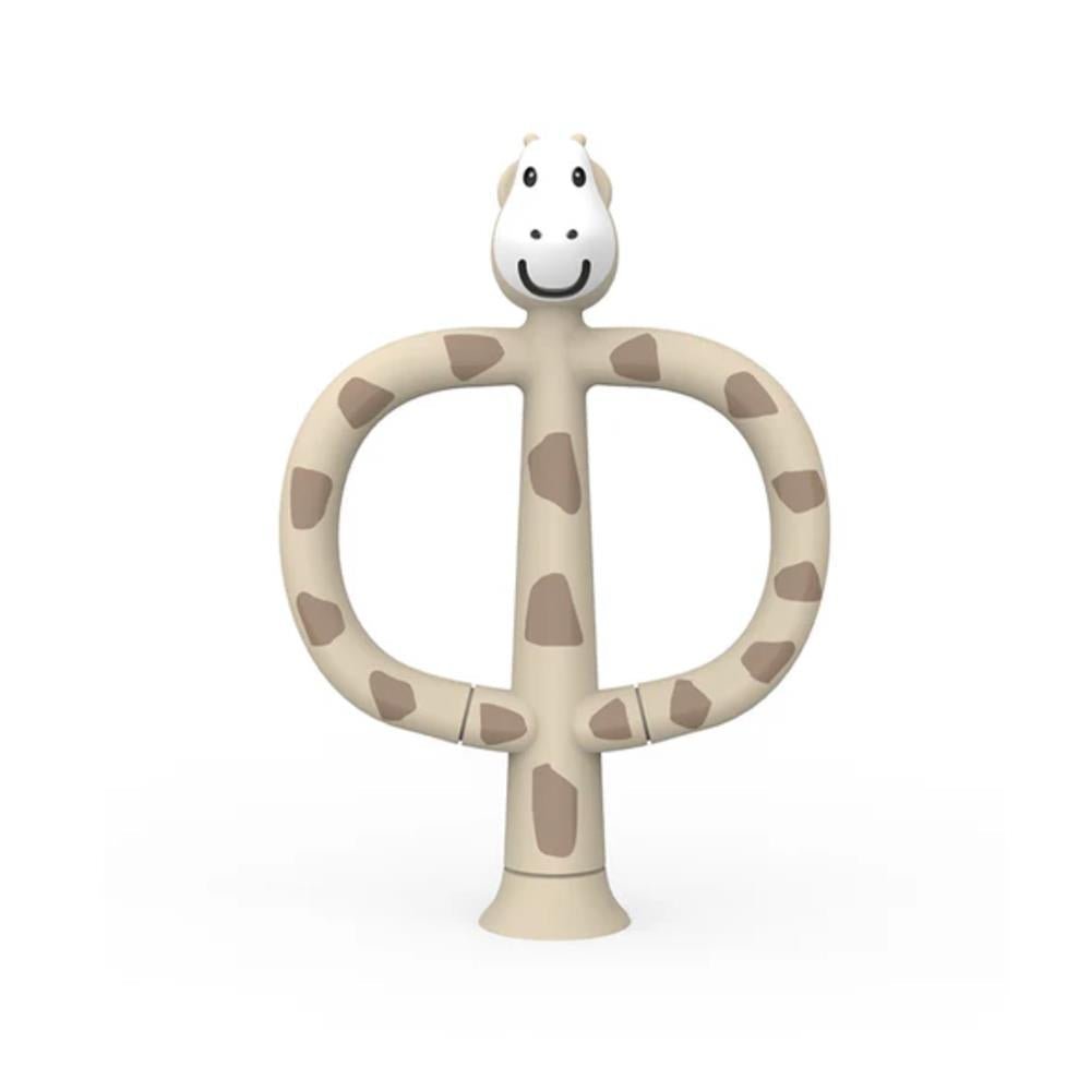 Giraffe training toothbrush with ring-shaped handle and smiling head, beige and tan