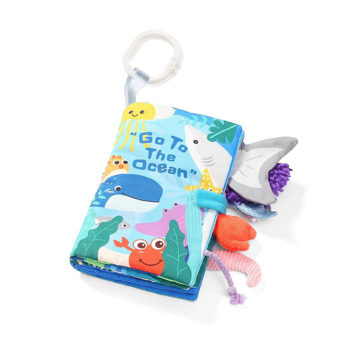 Sensory ocean book with handle loop, animal cover, and dangling plush fabric pieces
