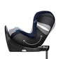 Black and dark navy car seat with padded headrest and curved side wings