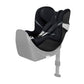 Black infant car seat with padded headrest, harness, and light gray base