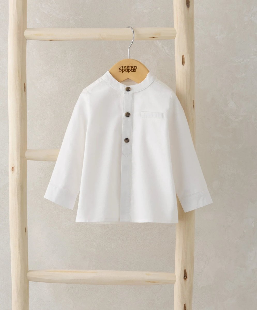 White grandad collar shirt with long sleeves and button placket