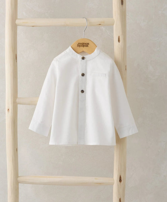White grandad collar shirt with long sleeves and button placket