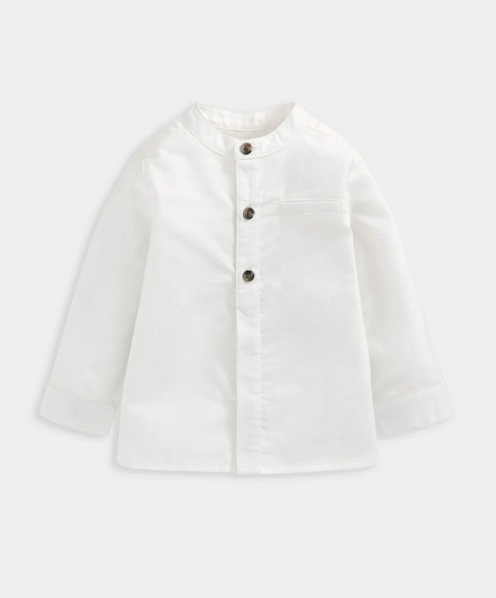 White grandad collar shirt with button-front and long sleeves
