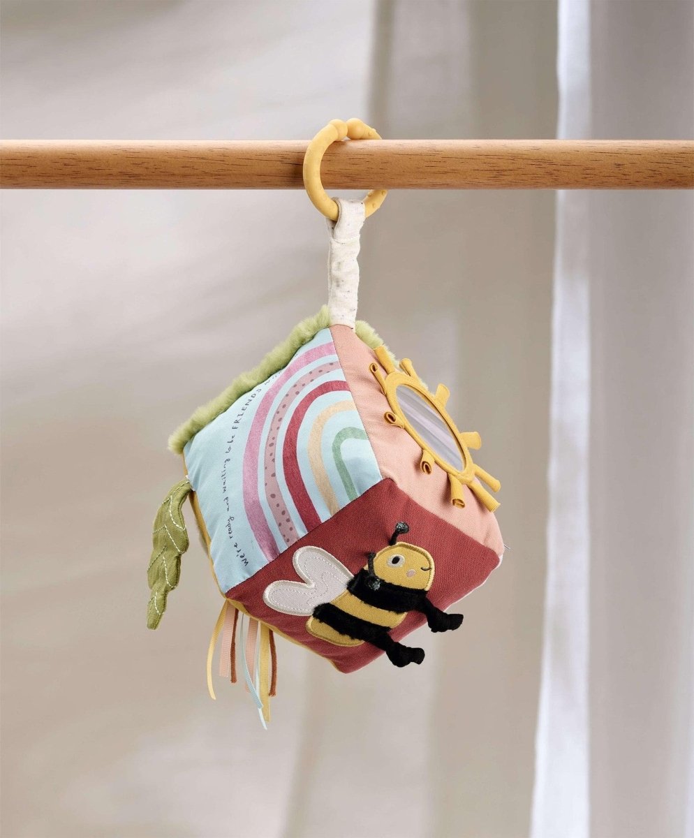 Soft fabric activity cube toy with hanging loop and multicolor sensory panel