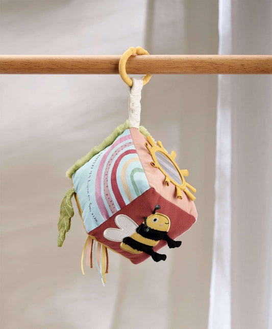 Soft fabric activity cube toy with hanging loop and multicolor sensory panel