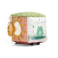 Soft activity cube toy with green top and side panel featuring frog illustration