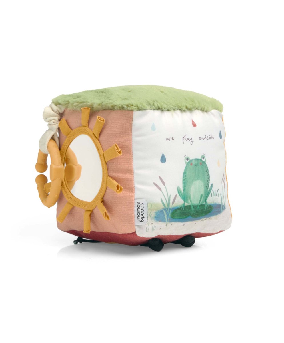 Soft activity cube toy with green top and side panel featuring frog illustration