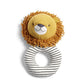 Lion plush activity toy with knit yellow face, brown fringed mane, and striped ring