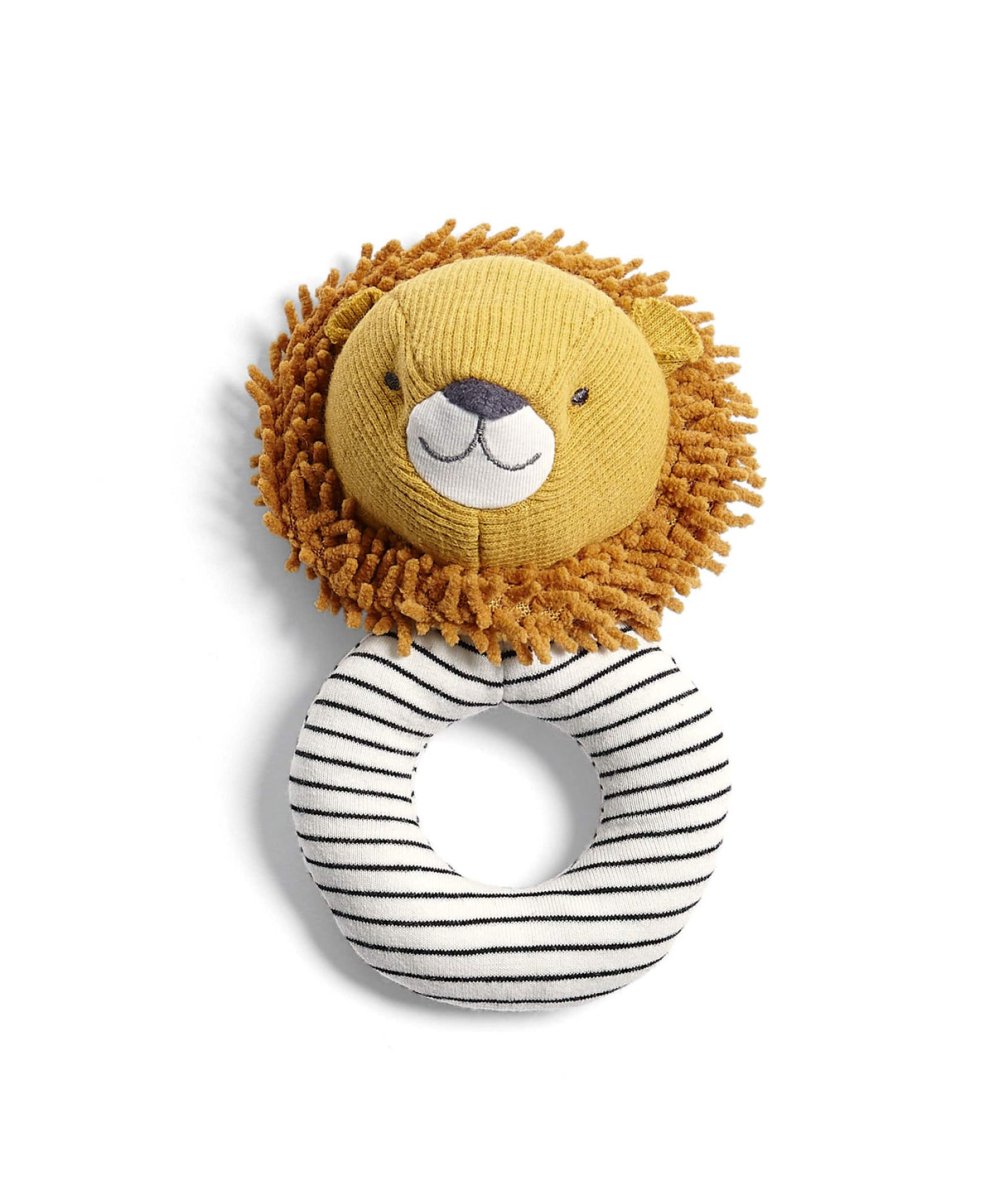 Lion plush activity toy with knit yellow face, brown fringed mane, and striped ring