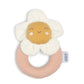 Flower grabber ring rattle toy, white flower, tan ring, yellow face, side tag