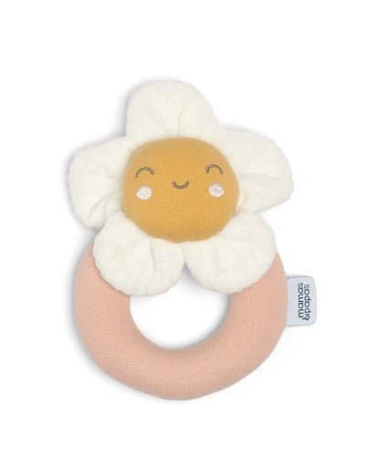 Flower grabber ring rattle toy, white flower, tan ring, yellow face, side tag