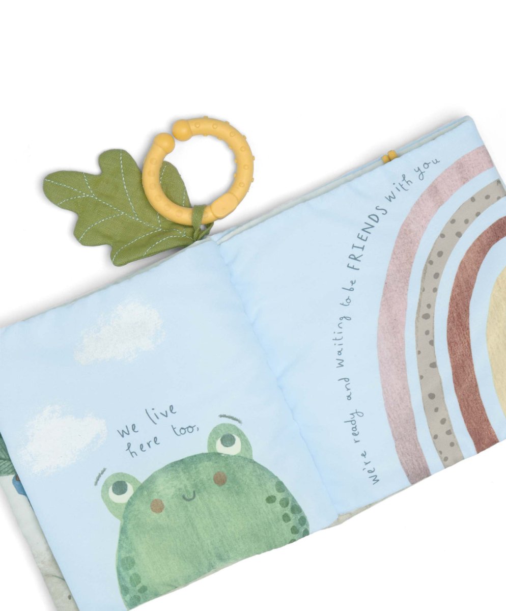 Soft fabric activity book open, showing frog and rainbow friend text