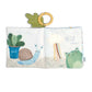 Soft fabric activity book pages open with Hello there text and animals illustration