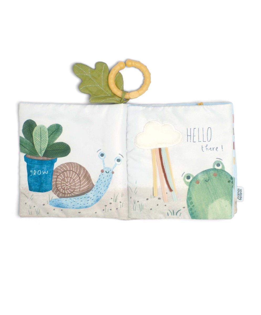 Soft fabric activity book pages open with Hello there text and animals illustration