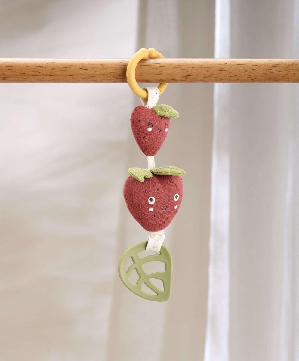 Strawberry activity toy with wooden ring, two strawberry links, and leaf detail