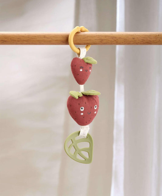 Strawberry activity toy with wooden ring, two strawberry links, and leaf detail
