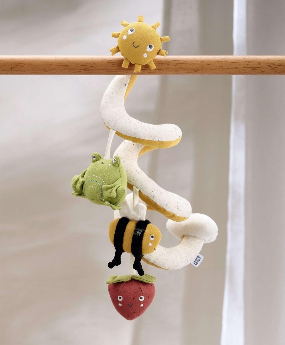 Travel spiral activity toy with sun, moon, frog, bee, and strawberry plush figures