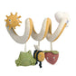 Travel spiral activity toy with sun head and hanging frog, bee, and strawberry plush