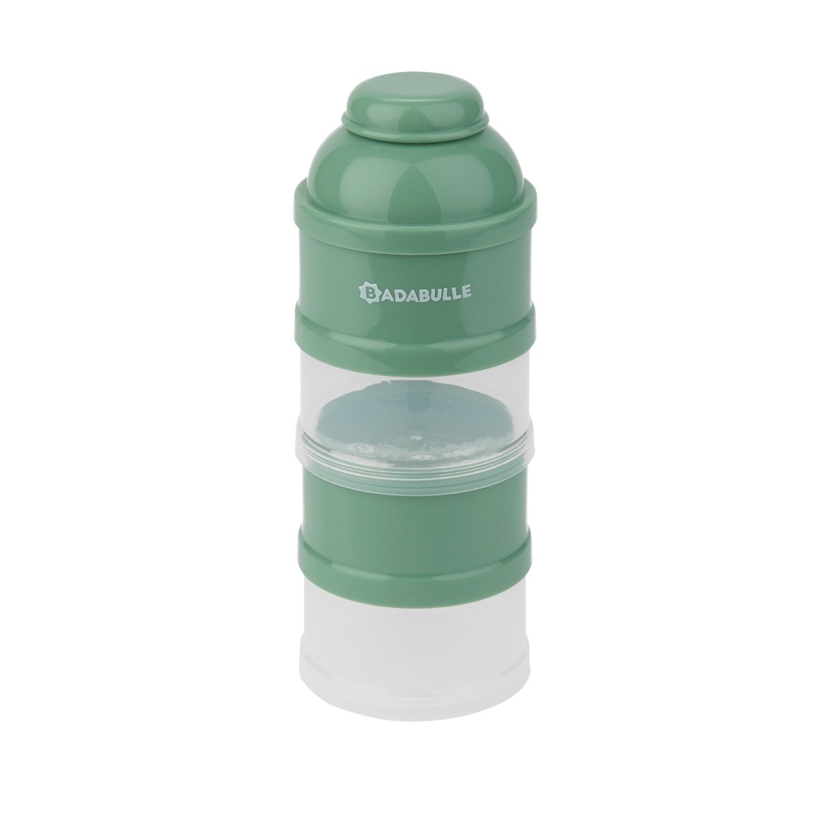Green milk dispenser with hinged lid and stacked container, compact bottle shape