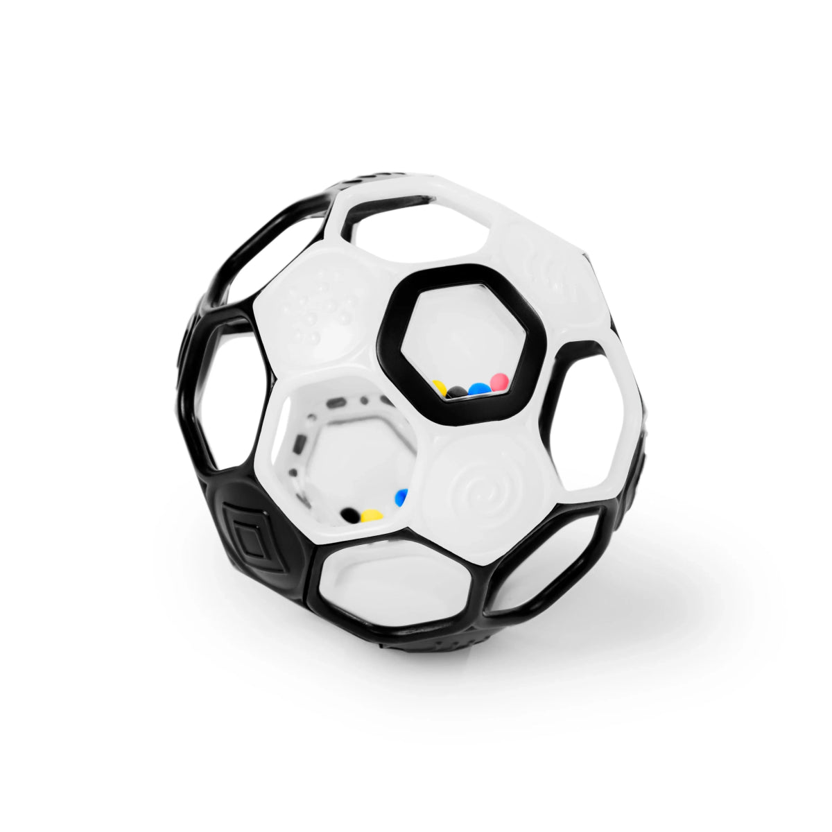 Black and white soccer rattle ball with colorful rattle window