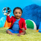 Black and white soccer rattle ball with colorful rattle window held up