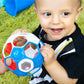 Close-up red, white, and blue rattle soccer ball with light-up panel