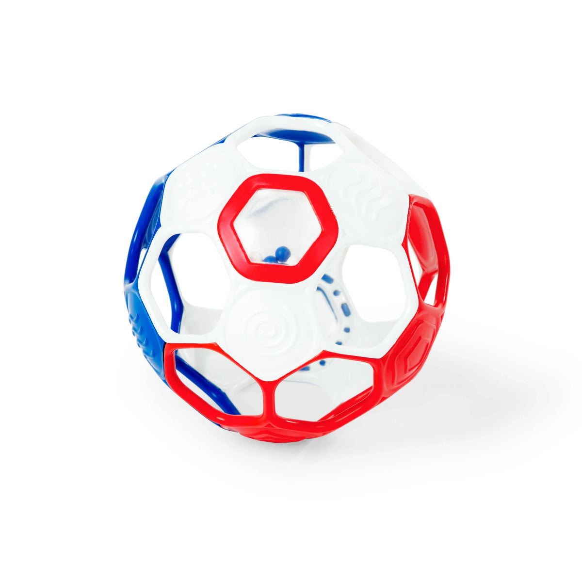 Rattle soccer ball with red, white, and blue panels