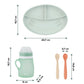 Silicone feeding set dimensions: divided plate, mint bottle, two spoons