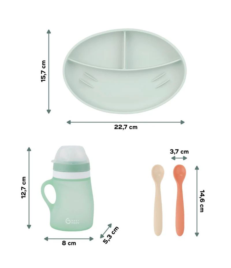 Silicone feeding set dimensions: divided plate, mint bottle, two spoons