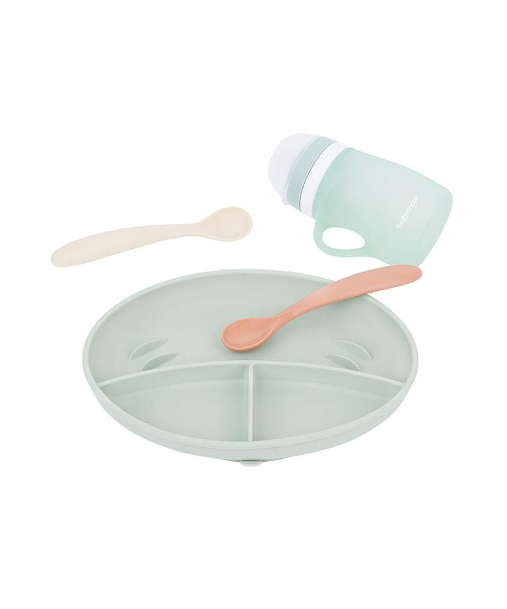 Silicone divided baby plate with feeding spoon and mint cup
