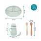 Silicone feeding set size chart: divided plate, mint bottle, two spoons