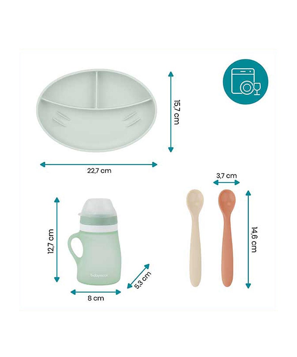 Silicone feeding set size chart: divided plate, mint bottle, two spoons