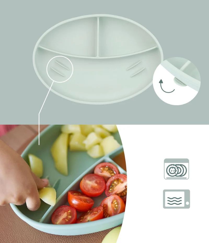 Silicone divided bowl with diced food and feeding spoon