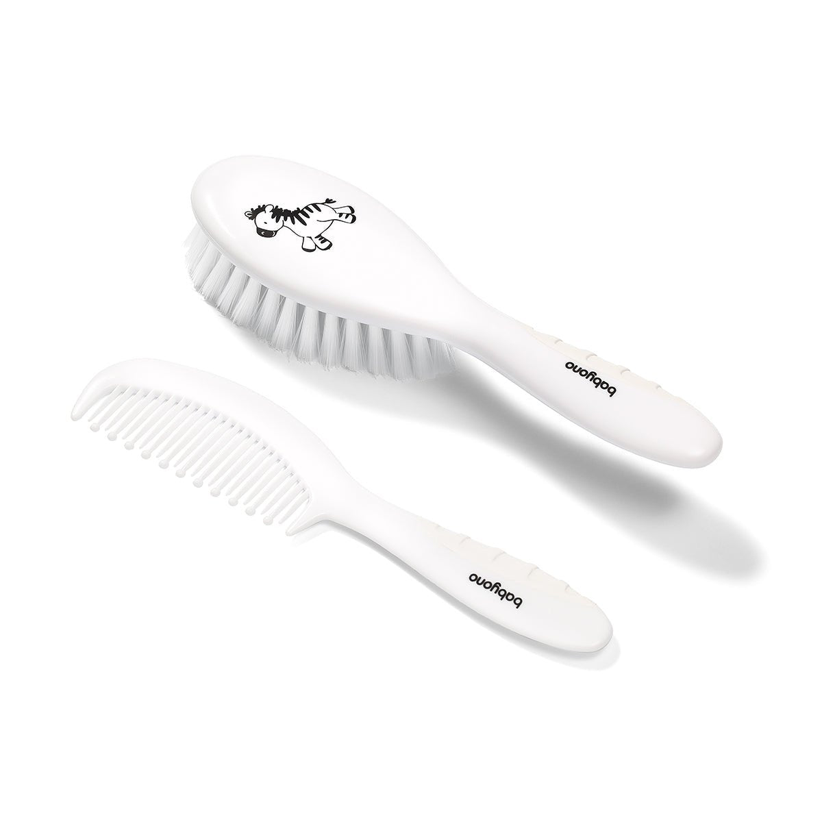 Hairbrush and comb set with soft bristles, white handles and comb teeth