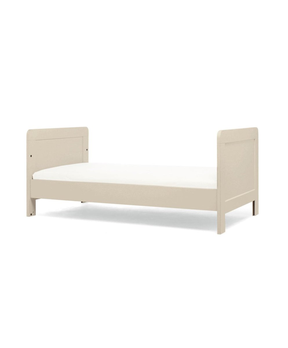 Cotbed in light grey with panel end frames and low mattress platform