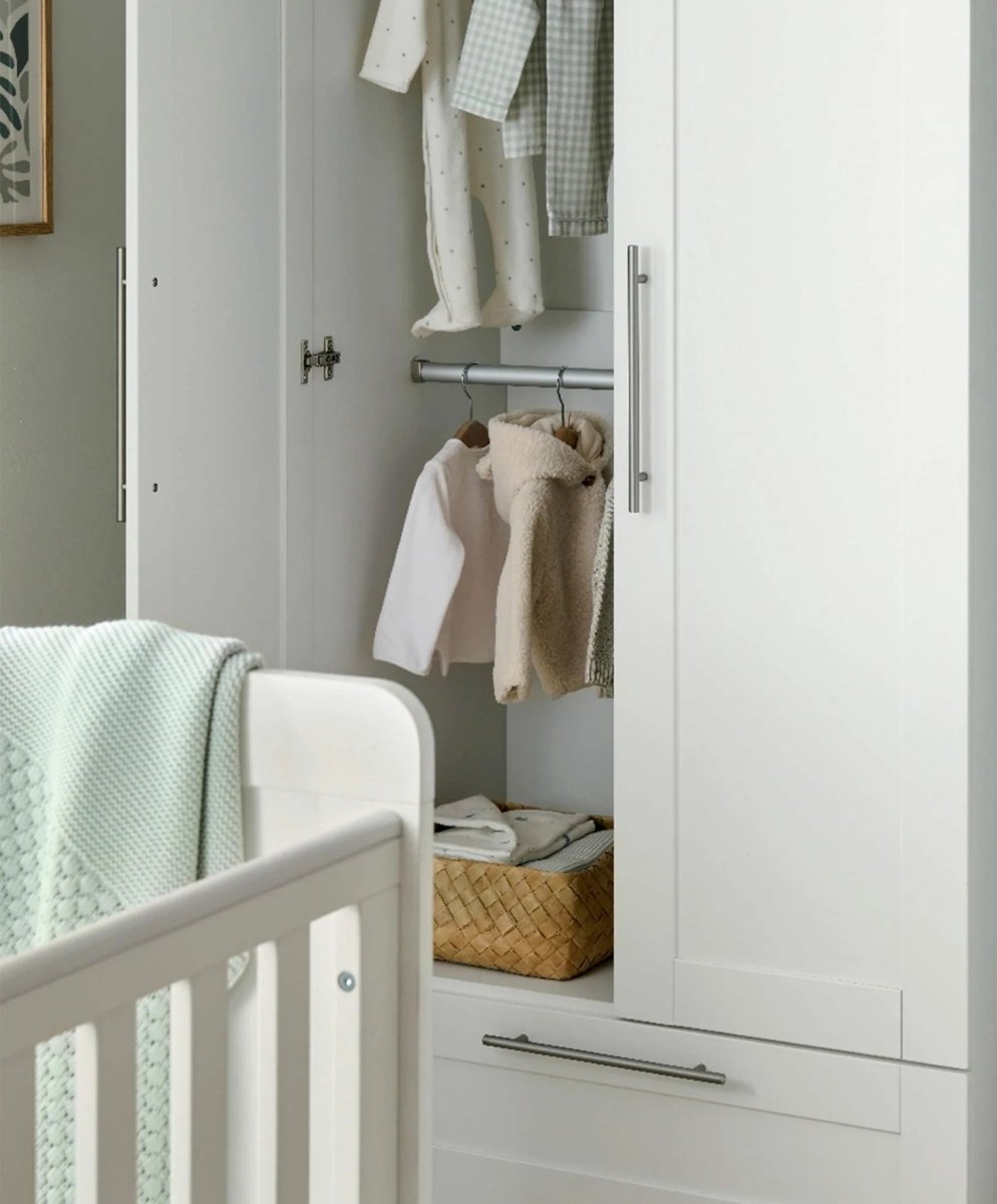 Hampden wardrobe, white open doors with hanging rail, shelf, and interior storage