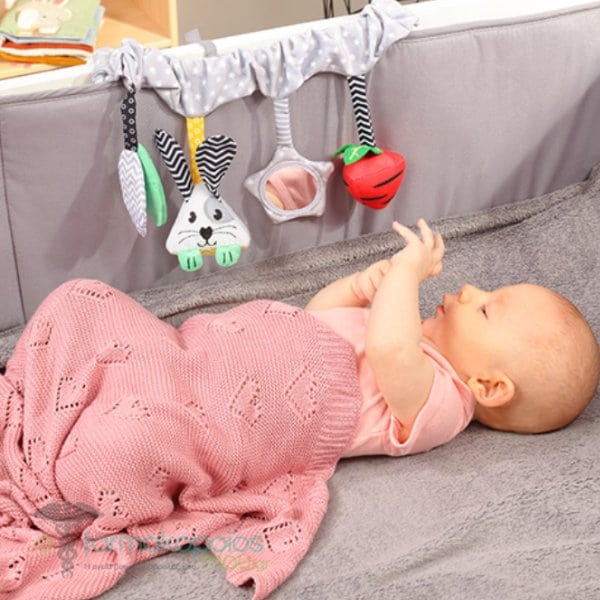 Stroller hanging activity toy bar with dangling rabbit, strawberry and chevron leaves