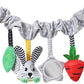 Stroller hanging activity toy with rabbit, strawberry, leaf and striped dangling pieces