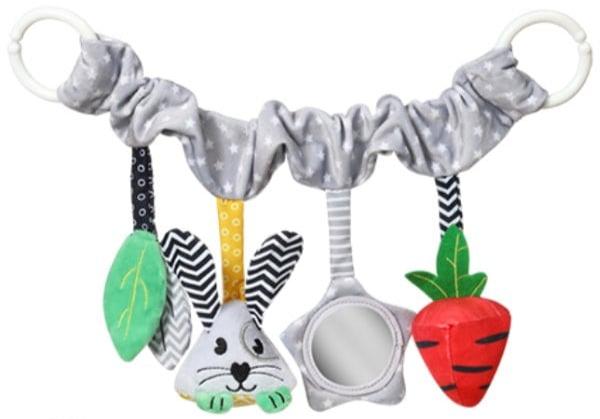 Stroller hanging activity toy with rabbit, strawberry, leaf and striped dangling pieces