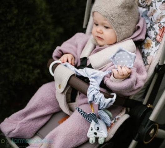 Stroller hanging activity toy with rabbit plush and striped hanging attachments