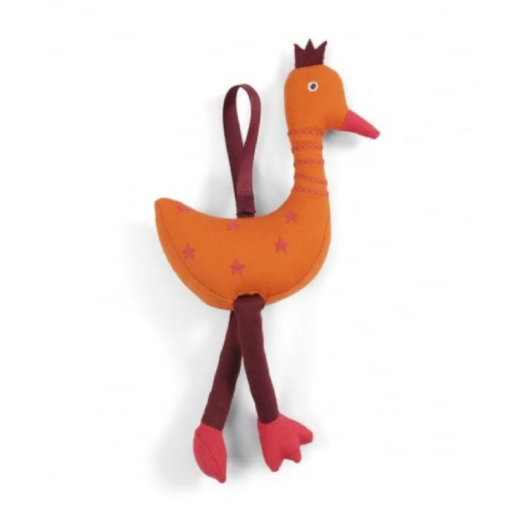 Hanging plush bird activity toy with orange body and maroon legs, crown and wings