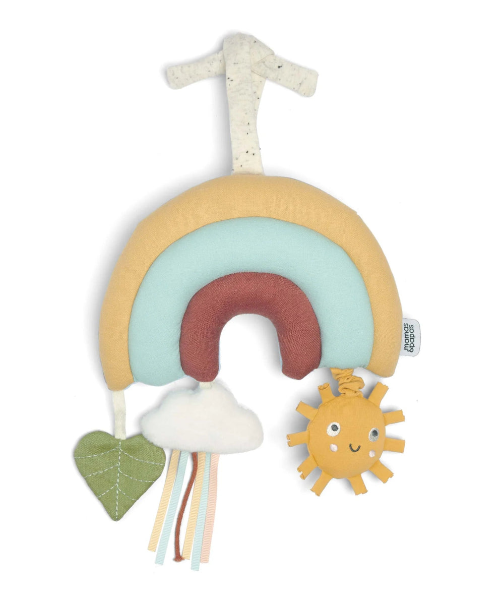 Hanging rainbow plush toy with heart, dangling ribbons, and smiling sun charm