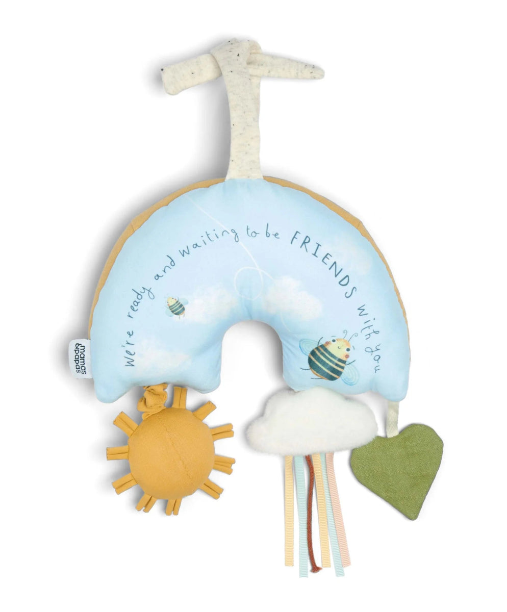 Hanging rainbow plush toy with cloud, sun, heart, and dangling fabric ribbons