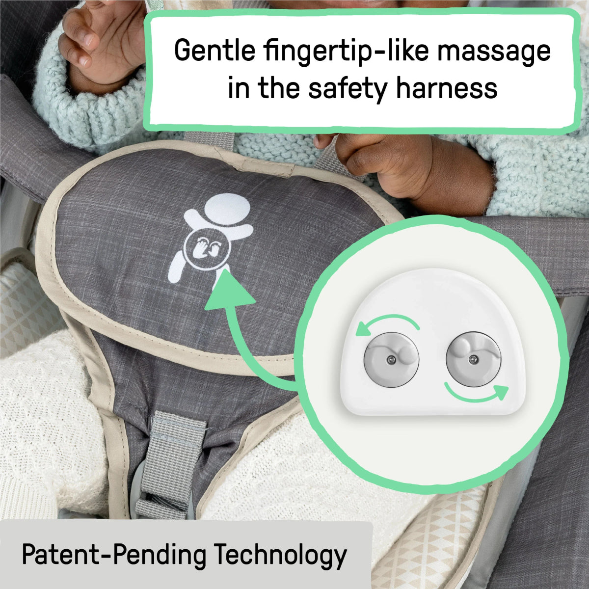 Baby in gray safety harness on massage seat, with control panel showing massage icons.