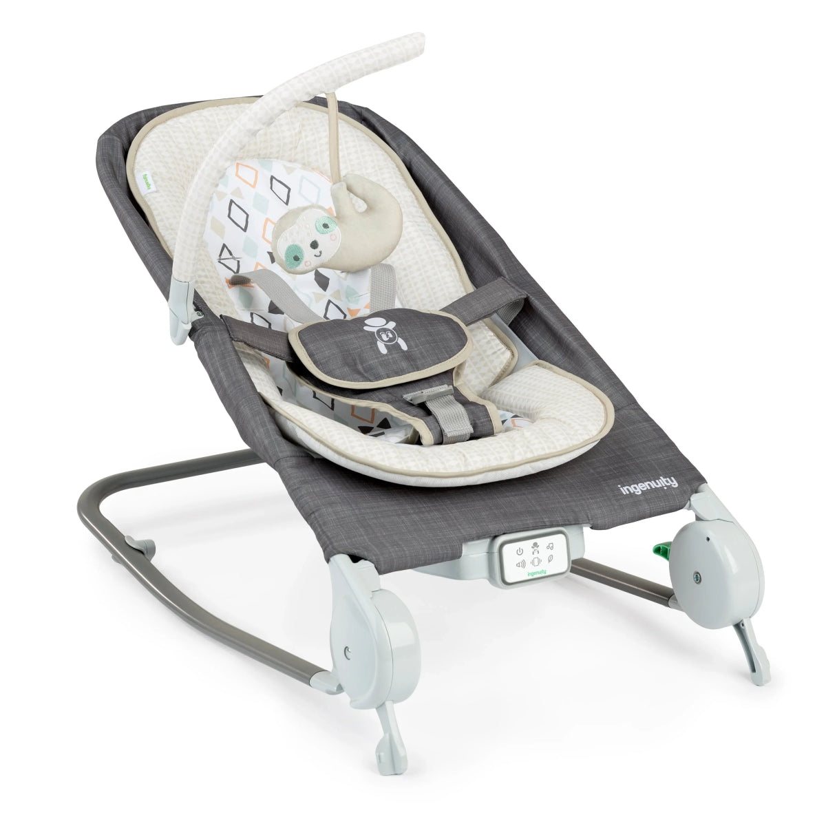 Massage rock-to-bounce seat in gray with beige liner and toy bar, Parker.