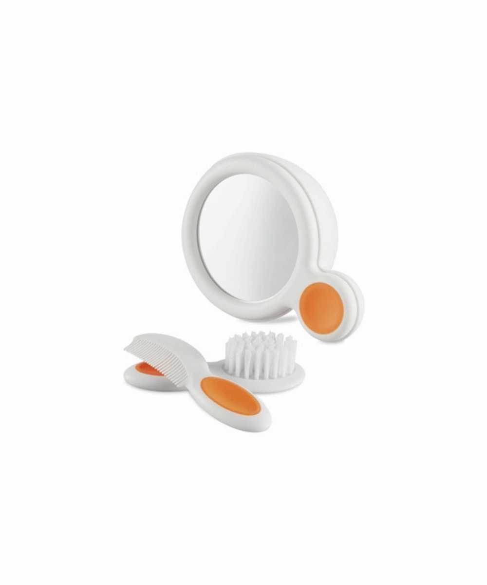 Hare brush and comb set with round brush, white bristles, and orange details
