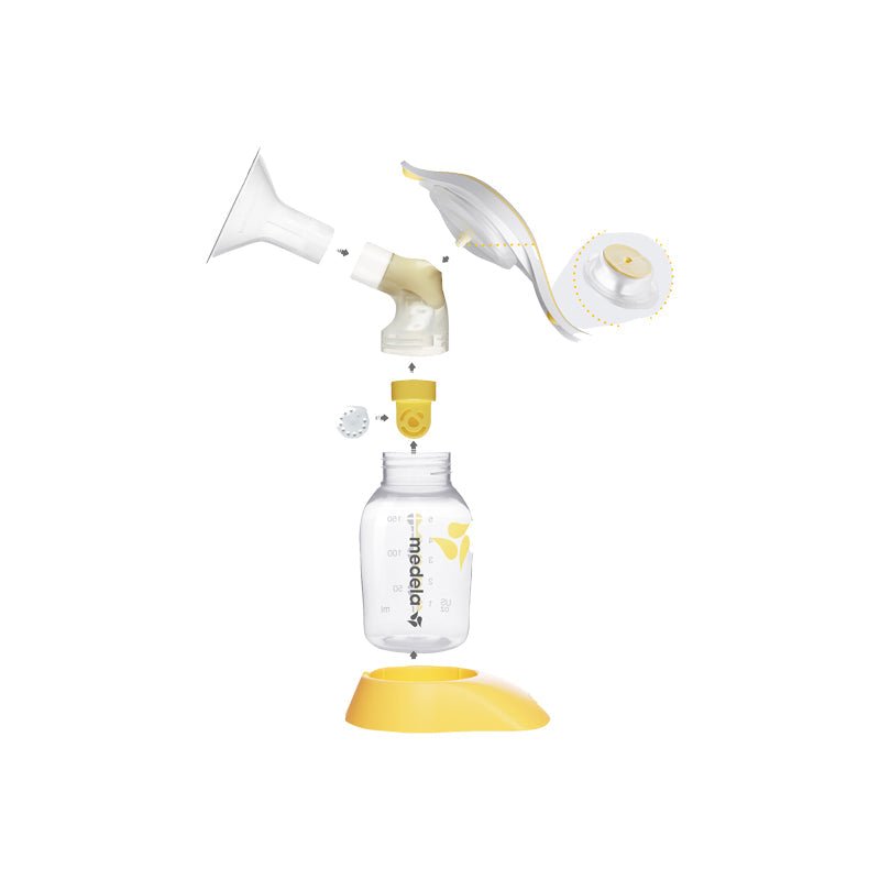 Manual breast pump with nozzle and valve connected to clear bottle