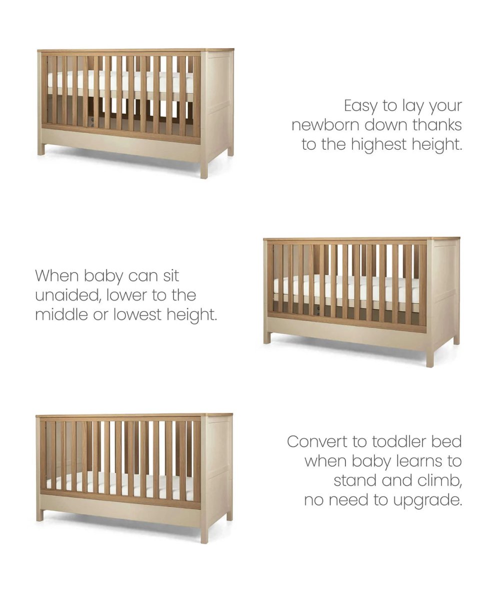 Harwell cotbed - cashmere, white frame with wooden slats, shown in three angles