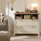 Baby dresser changer with open storage and two drawers, light wood and white frame