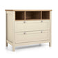 Baby dresser changer front view with wood top and two drawers, open cubbies